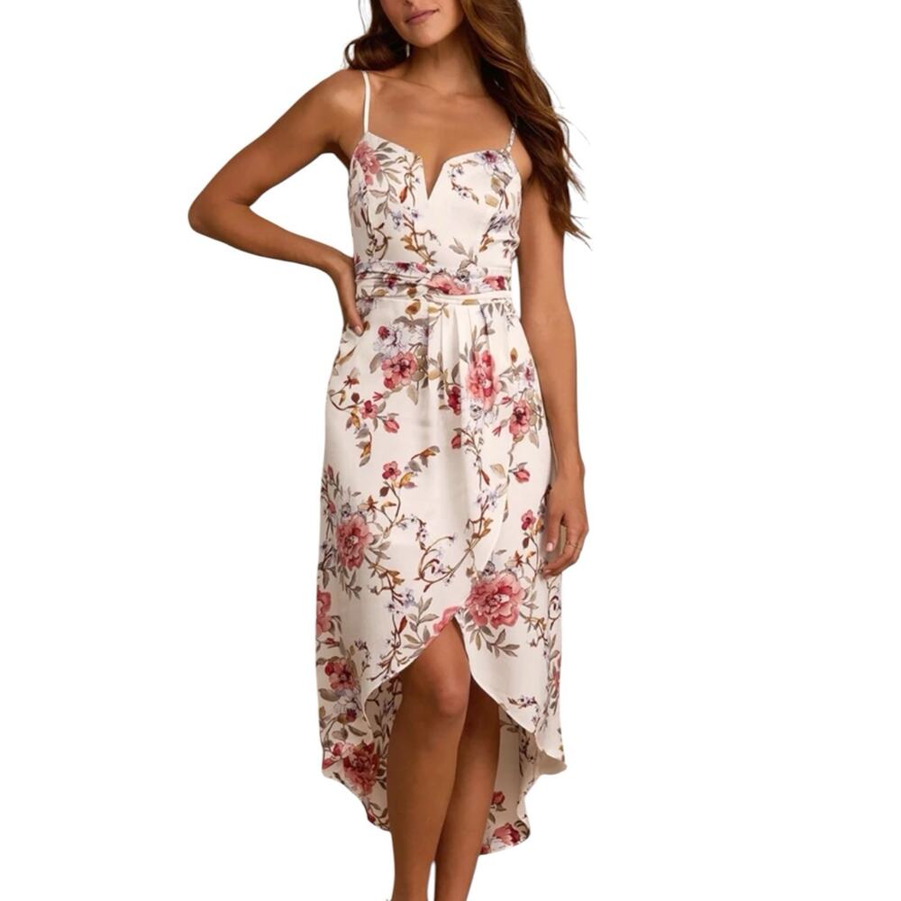 NWT Lulus My Favorite Day Ivory Floral Print Tulip Skirt Midi Dress Size Small